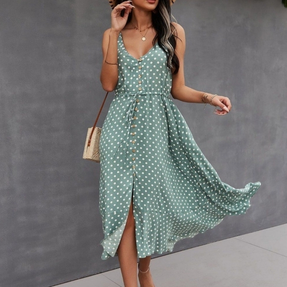 New Chic Flowy Polka Dot Button Front Cami Dress Midi Green White - Picture 6 of 9